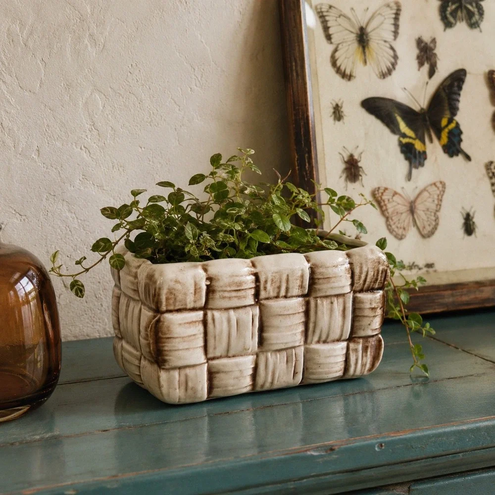 Brown Woven Basket Planter Shawnee Pottery 444 Farmhouse Vintage Cottagecore